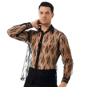 Men's Fashion See-Through Lace Floral T-Shirt / Turn-down Collar Long Sleeve Button Shirt - EVE's SECRETS